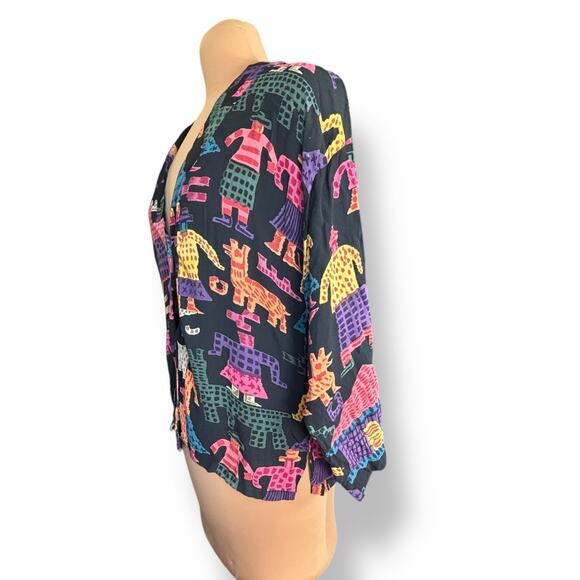 Vintage 90s Rayon Shirt Medium Colorful Yellow Tribal Abstract Animal Print - Picture 4 of 11